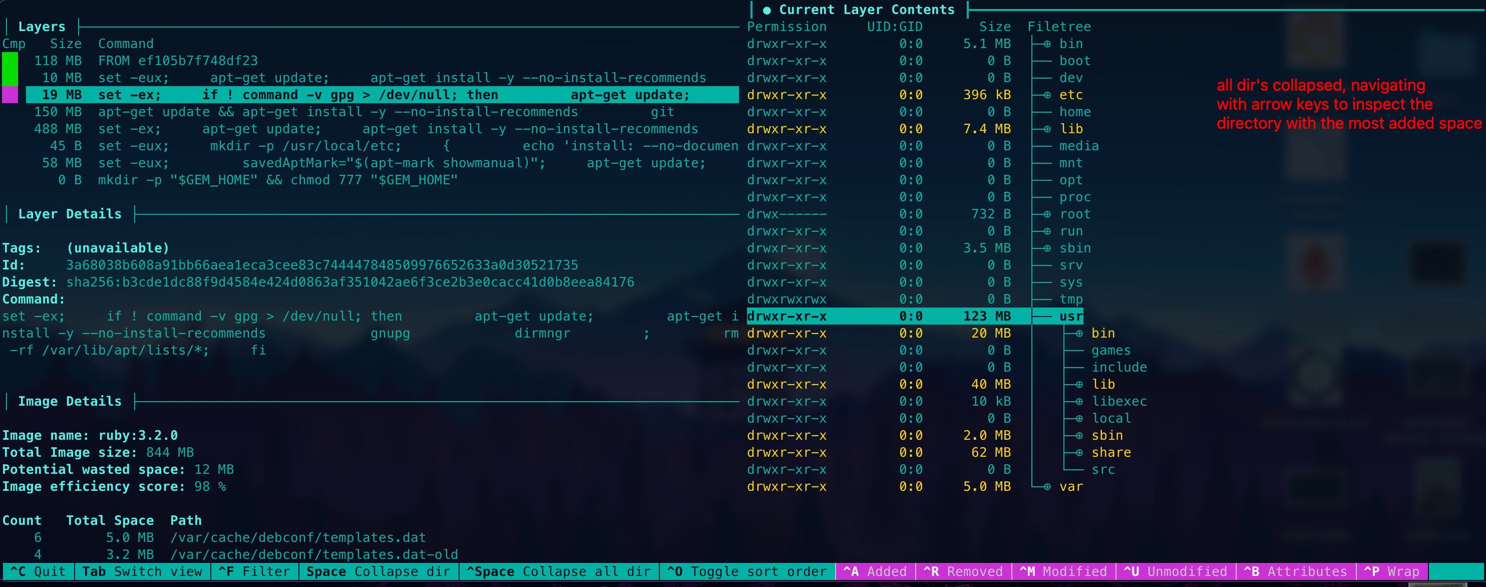 dive ruby:3.2.0, current layer details