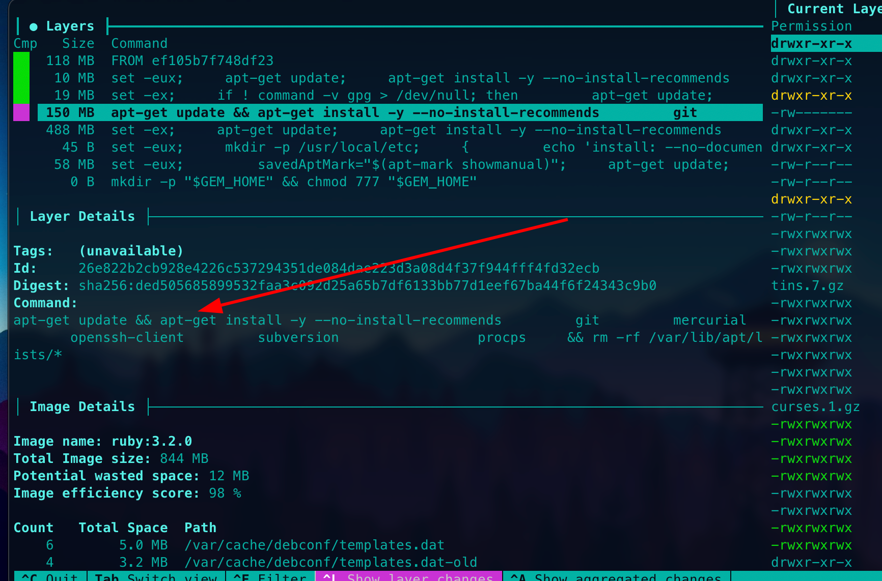 dive ruby:3.2.0, layer details